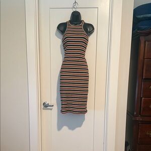 Chic Striped Midi Dress in Black and Tan